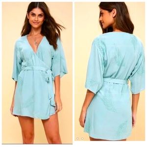 AMUSE Society To The Tropics Light Blue Embroidered Wrap Style Dress Size S.